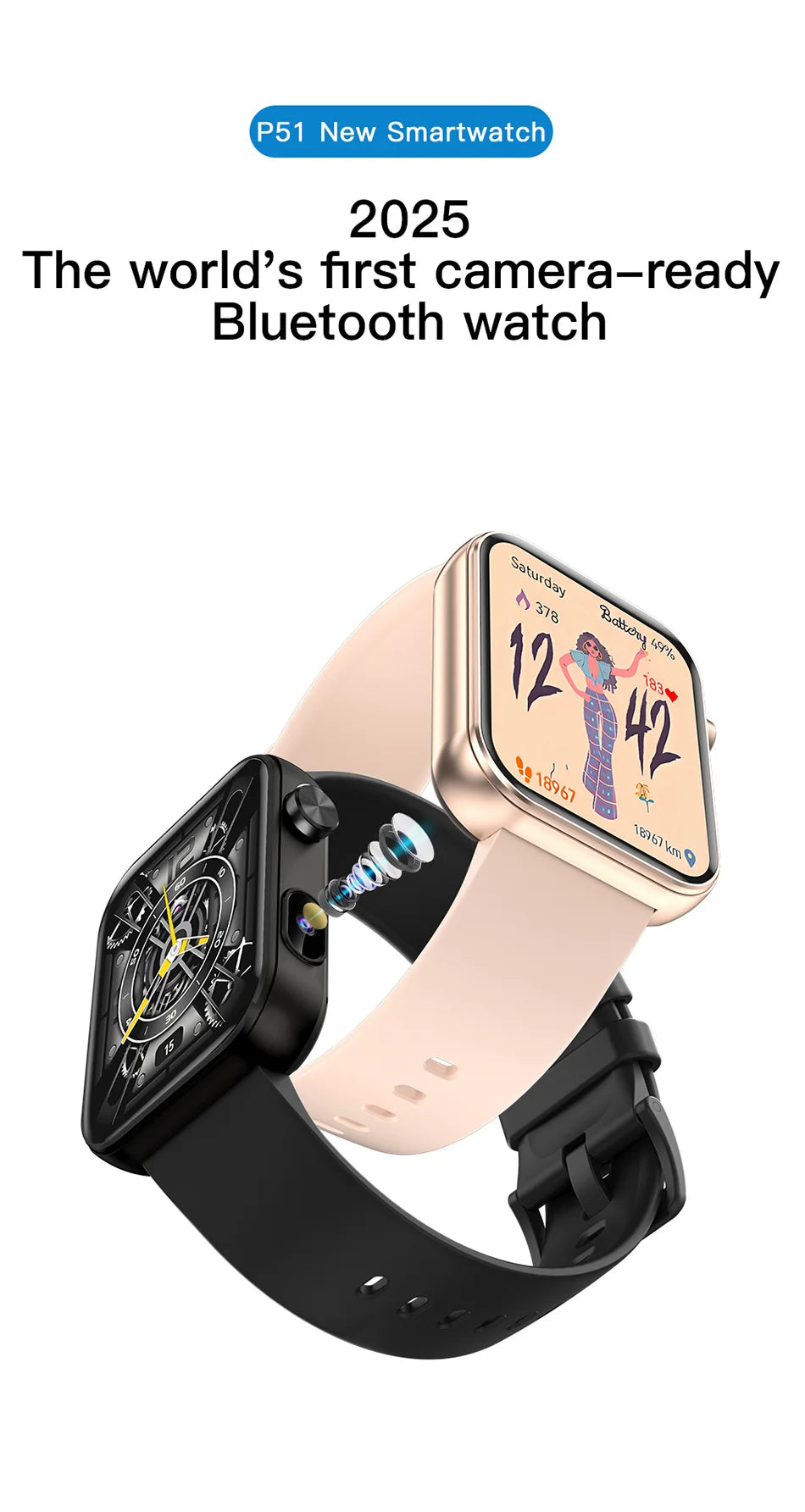 2025 New Smart Watch Women Men HD Camera Record Video Heart Rate 512MB Memory Music Sport Waterproof Bluetooth Call Smartwatch