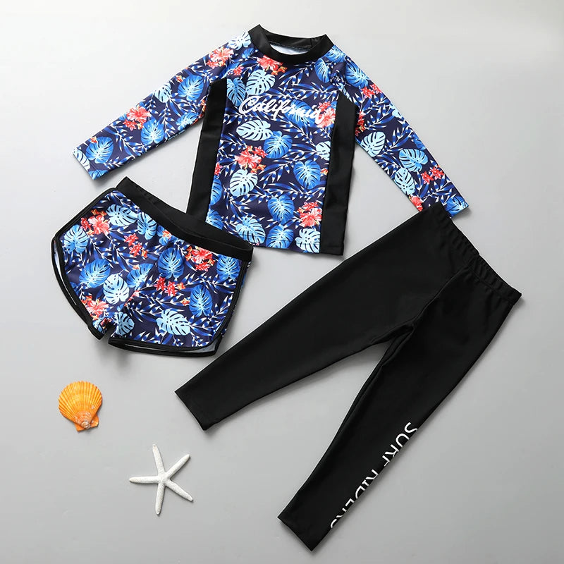 Girls Swimming Suit Children's Swimwear Three-Piece Set Quick Dry Sun Protection Large Size Polyester Fiber Student Girl