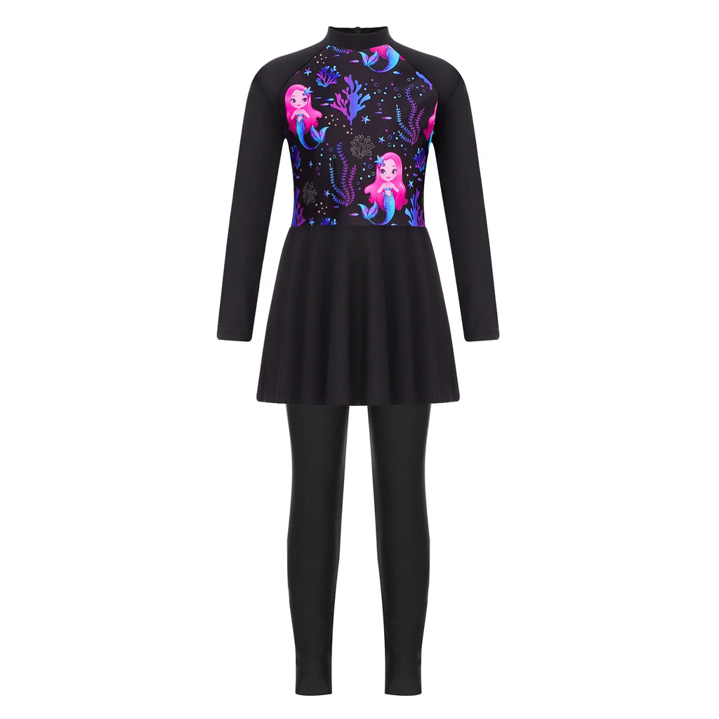 Girls Swimsuits 2 Piece Rash Guard Set UPF 50 Sun Protection Long Sleeve Swim Dress with Leggings Kids Full Body Cover Beachwear