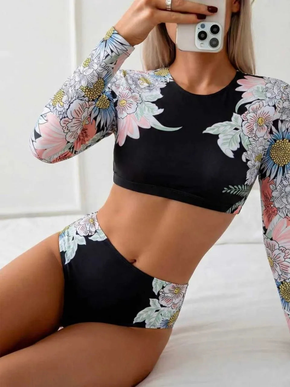 2026 Long Sleeve Two Pieces Surfing Swimsuit Floral Print Swimwear Women Rashguard Diving Clothes Bathing Swim Suit Beachwear