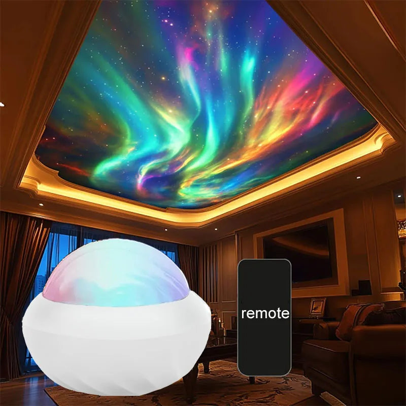 LED galaxy projector lamp with remote displaying colorful aurora lights on living room ceiling