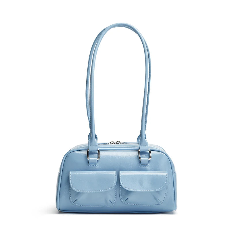 New women's bag fashion niche oil wax leather bowling bag multi-pocket armpit bag commuting handbag single shoulder bag