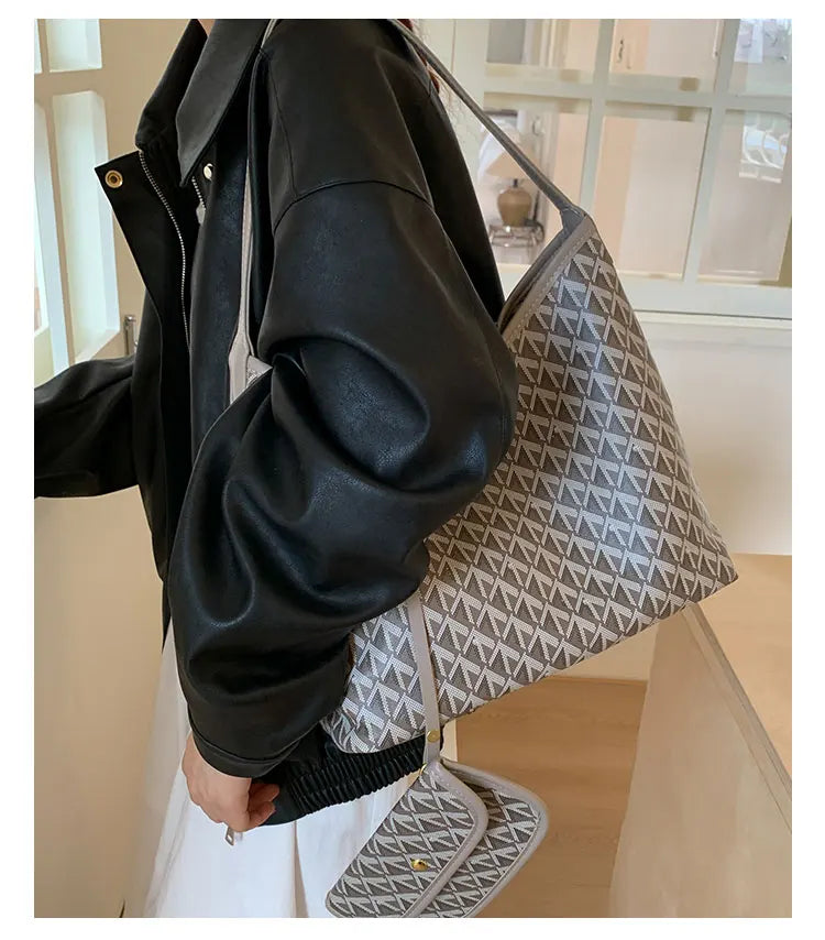 Large Capacity Women's Shoulder Bag Fashionable Commuter Tote Bag Soft PU Leather Printed Geometric Pattern Autumn New Arrival