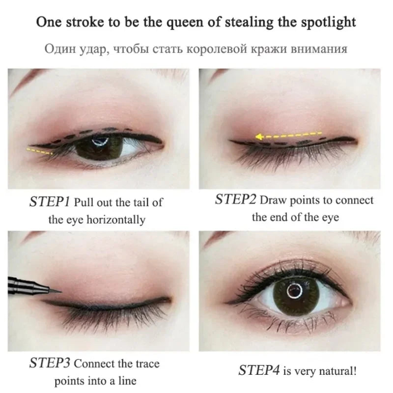 Step-by-step eyeliner tutorial showing close-up of an eye with black winged eyeliner application.
