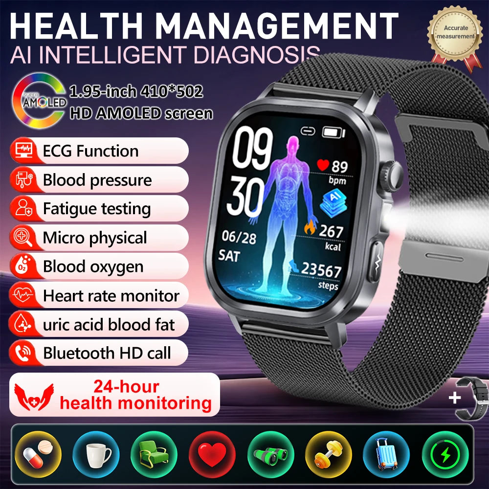 New Accurate Blood Pressure Smart Watch Uric Acid ECG+PPG Blood Oxygen Body Analysis Body Fat LED Flashlight smart watches 2025