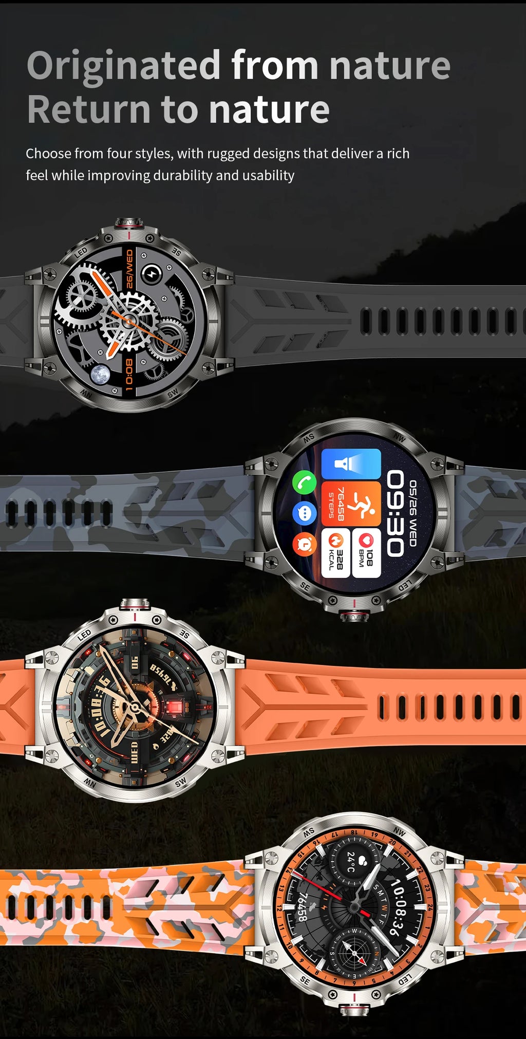 Military smartwatch men,760mAh Bluetooth call,LEDflashlight,compass,1.85HD Large screen,heart rate.blood pressure,IP68waterproof