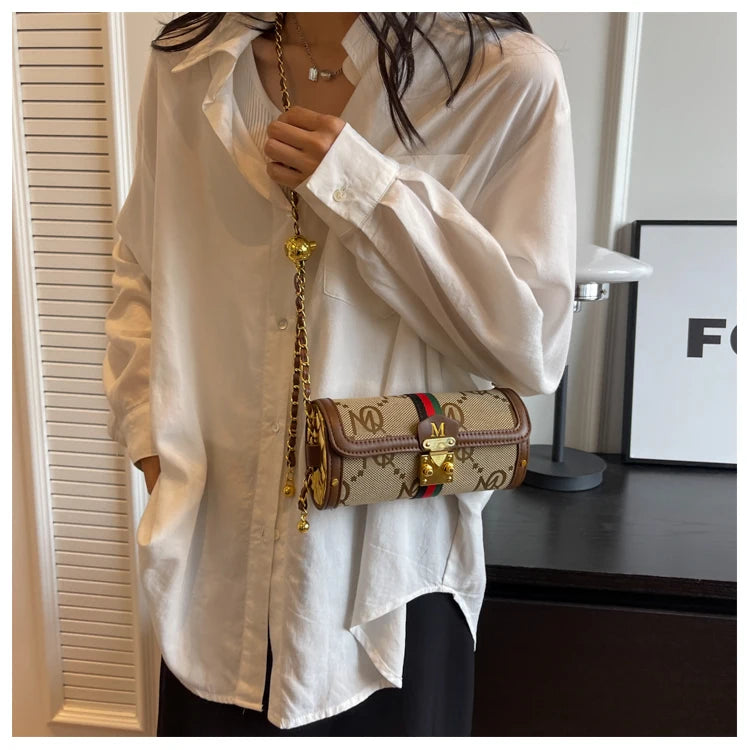Fashionable Retro Summer Women's Chain Crossbody Bag Trendy Cylinder Bag Soft PU Leather Casual Style Small Size Korean Style