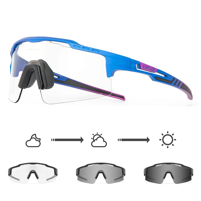 Blue photochromic cycling sunglasses with adaptive lenses and transition icons below.