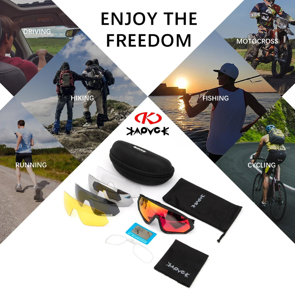 Sports sunglasses set with interchangeable lenses, case, and pouch for cycling, hiking, fishing, running, and motocross.