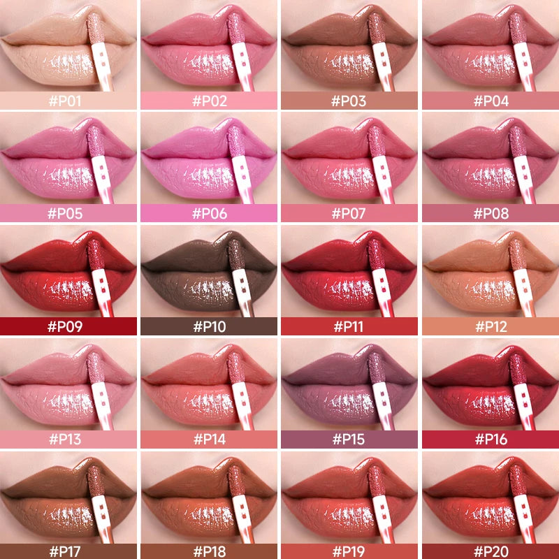 Glossy lipstick color swatches on lips with applicator, 20 shades of nude, pink, red, and brown.