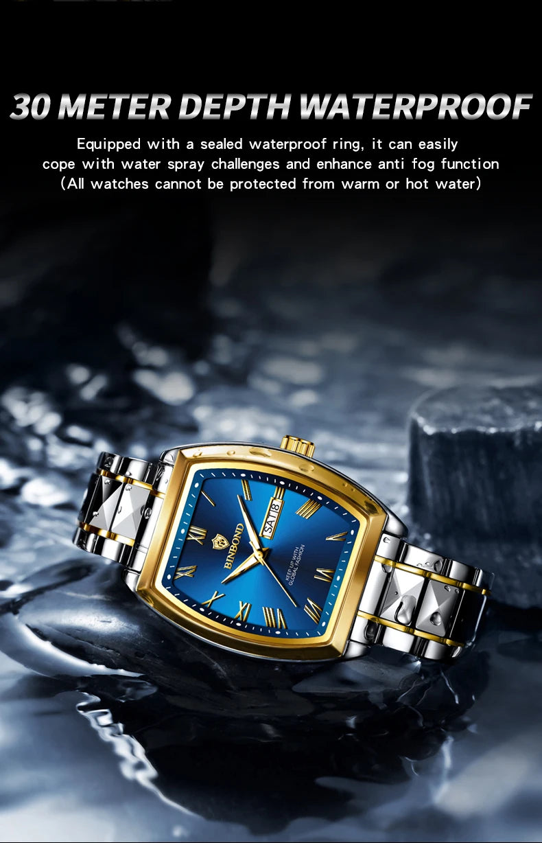 BINBOND 2pcs Couple Watches Fashion Square Quartz Watch for Lover Wateproof Luminous Date Week Men Ladies Valentine Wristwatch