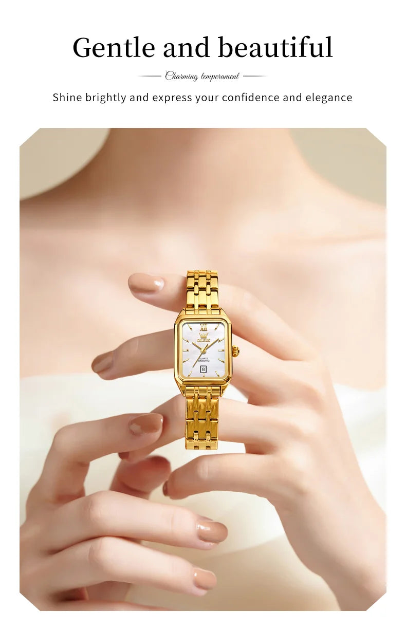 OLEVS 5616 New Quartz Watch for Women Fashion Elegant Square Golden Watch Calendar Waterproof Stainless Steel Ladies Wristwatch