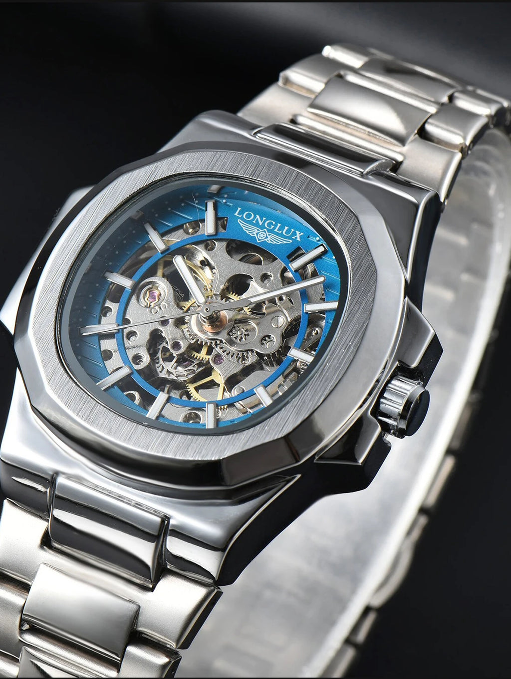 LONGLUX Men automatic mechanical watch luxury watches waterproof skeleton business cheap wholesale stainless steel gift watch