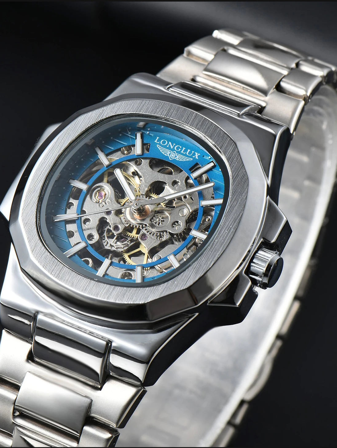 LONGLUX Men automatic mechanical watch luxury watches waterproof skeleton business cheap wholesale stainless steel gift watch