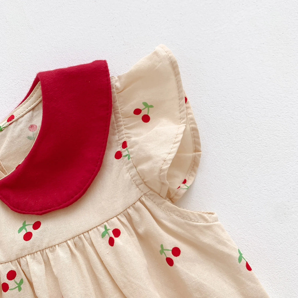 MILANCEL 2024 Summer Girls Bodysuit Full Of Cherry Print Toddler One Piece Peter Pan Collar  Girls Clothes