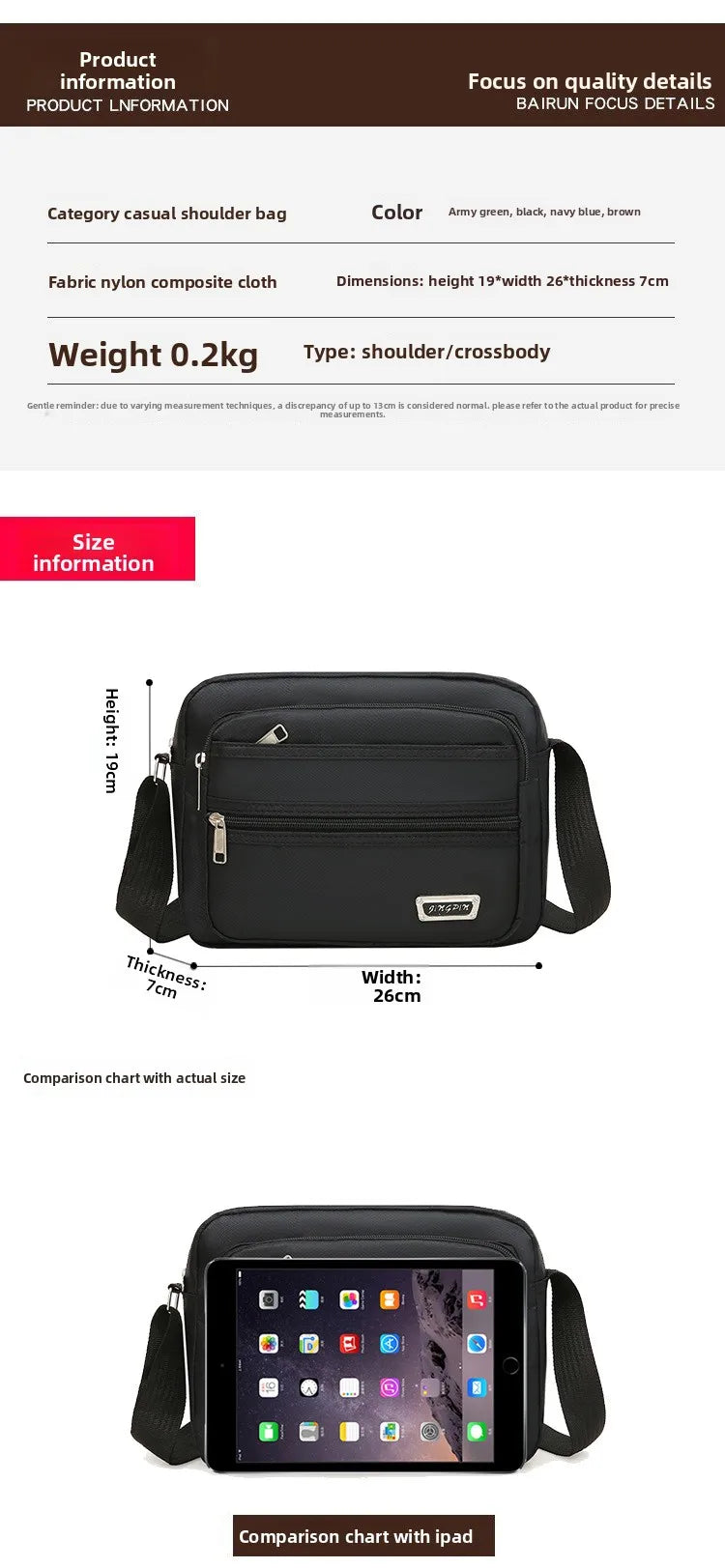Casual Unisex Crossbody Bag Large Capacity Multi-layer Business Handling Bag Soft Nylon Material Zipper Closure Leisure Trave...