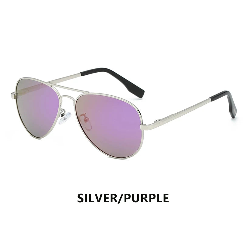 Silver frame aviator sunglasses with reflective purple lenses, isolated on white background.