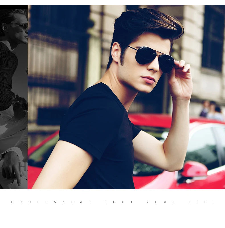 Stylish man in black sunglasses and t-shirt posing outdoors near red car