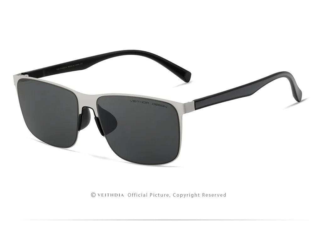 Men’s modern square-frame black sunglasses with metal frame and dark polarized lenses