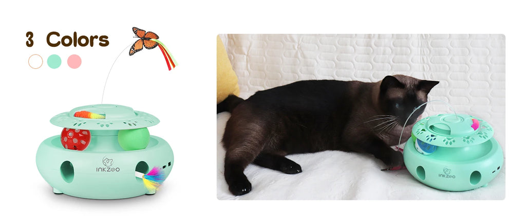 INKZOO 4-in-1 Interactive Cat Toys for Indoor Cats, Automatic 6 Holes Mice Whack-A-Mole, Fluttering Butterfly, Track Balls, USB