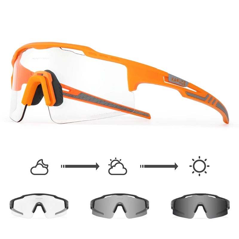 Orange sports sunglasses with photochromic lenses showing tint transitions for different light conditions.