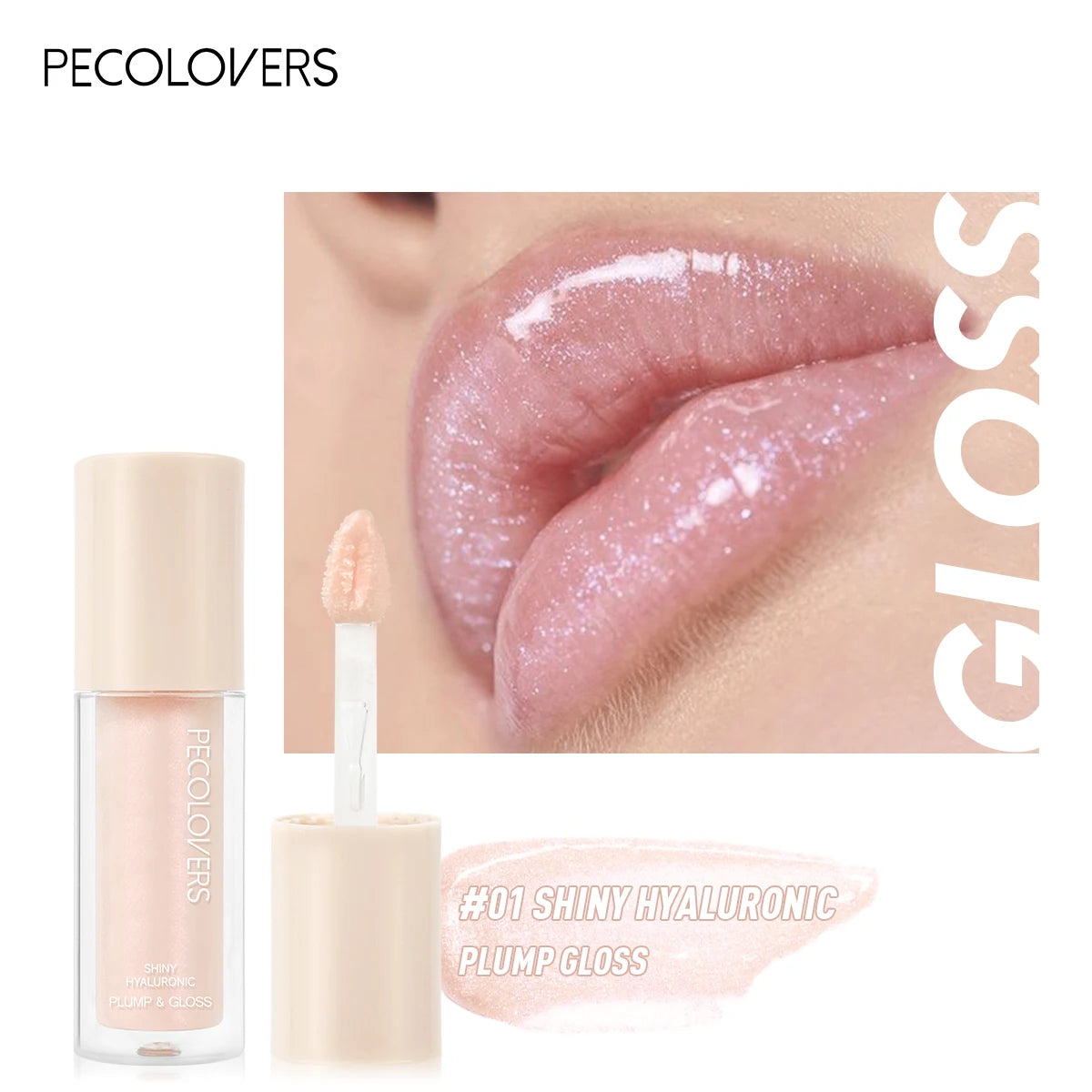 Shiny hyaluronic plump lip gloss with applicator and glossy lips close-up