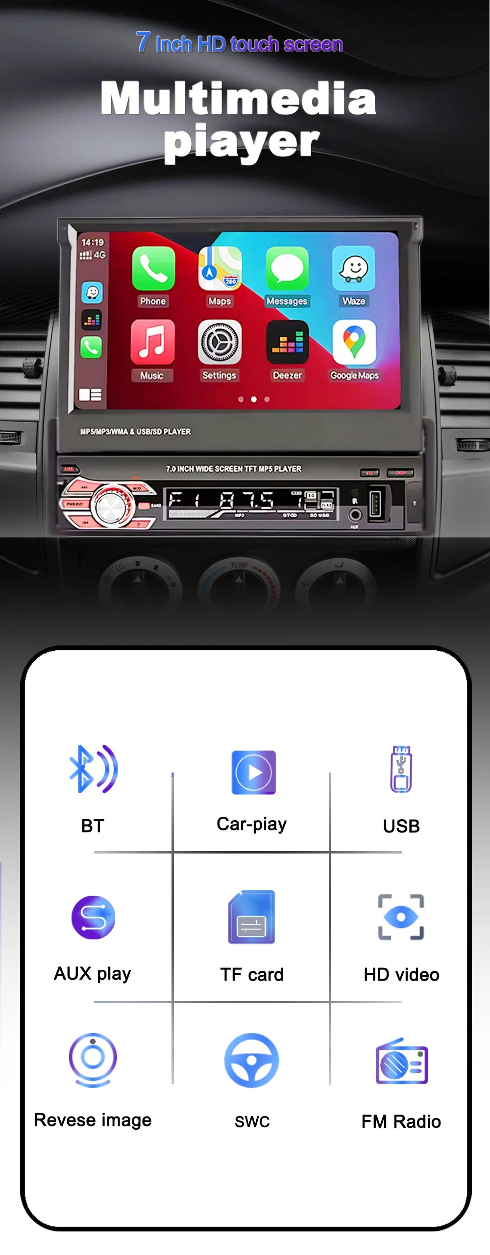 1 Din MP5 Player 7 Inch Carplay Android Auto Universal  Manual Automatic Retractable Touch Screen Car Player FM Radio