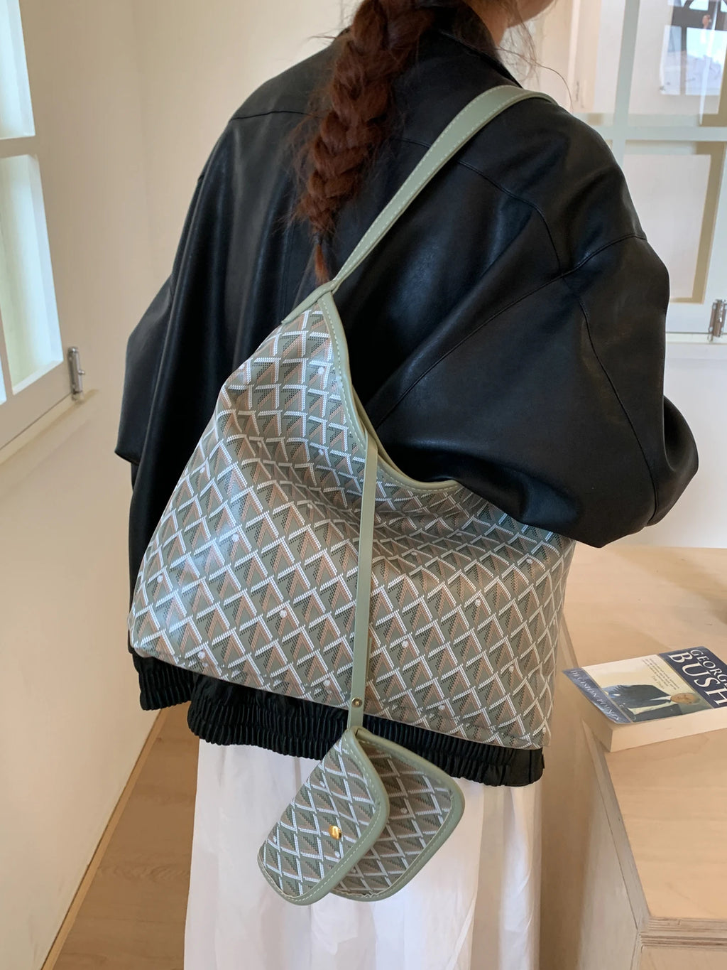 Large Capacity Women's Shoulder Bag Fashionable Commuter Tote Bag Soft PU Leather Printed Geometric Pattern Autumn New Arrival