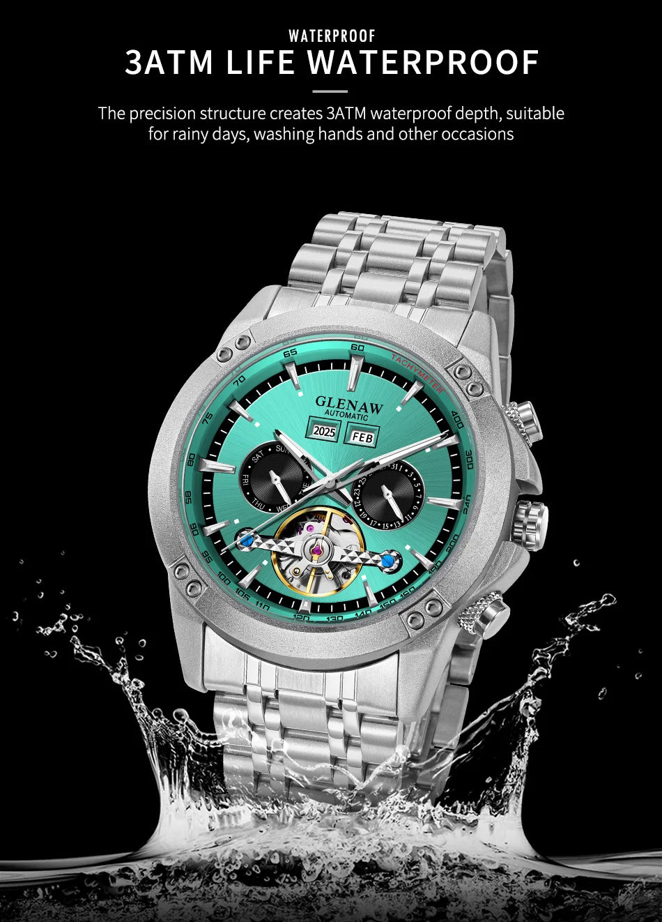 Glenaw high-end brand fully automatic mechanical multi-function watch men's business personality trend waterproof watch