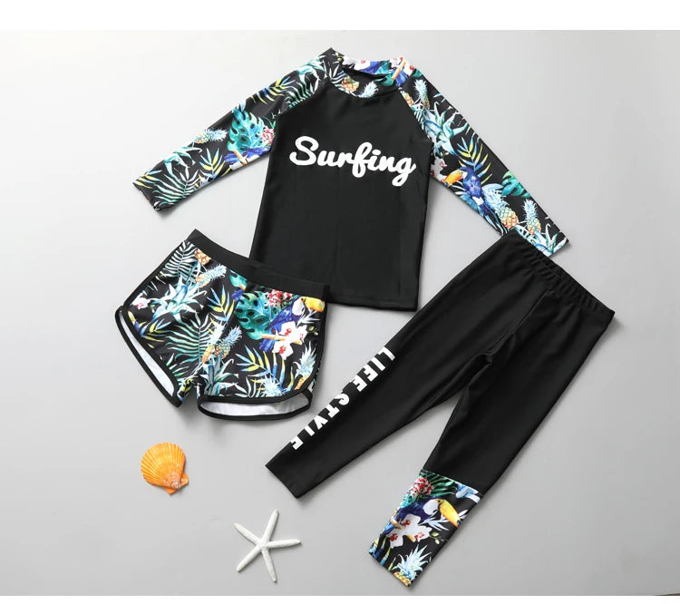 Girls Swimming Suit Children's Swimwear Three-Piece Set Quick Dry Sun Protection Large Size Polyester Fiber Student Girl