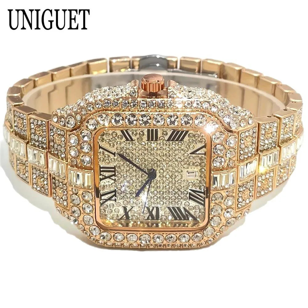 Hot Fashion Brand UNIGUET Hip Hop Rose Gold Iced Diamond Mens Watch Luxury Square Waterproof Quartz Man Clocks Relogio Masculino