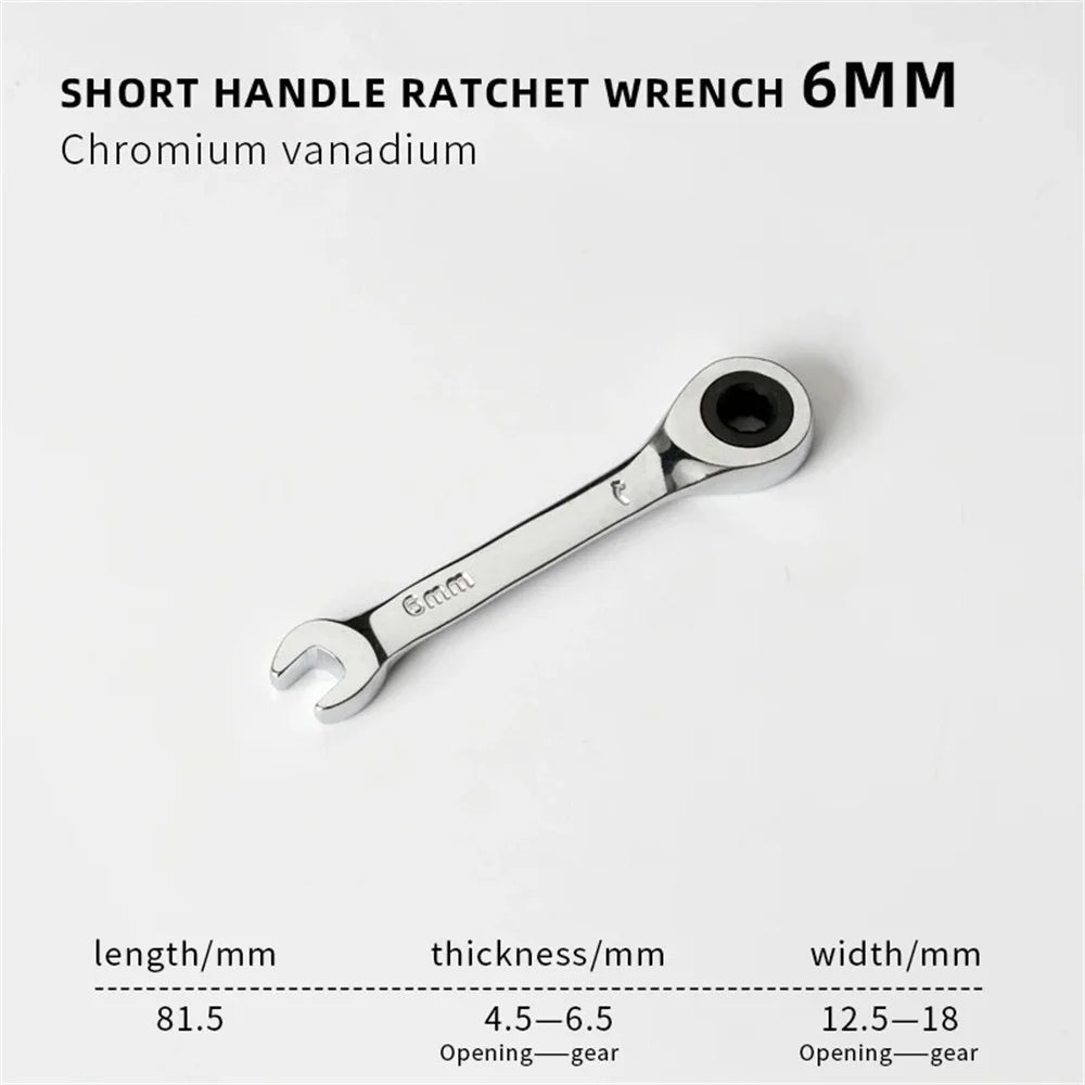6-19mm Stubby Ratchet Spanner Short Ratchet Wrench Car Repair Hand Tools 72 Tooth Design Short Handle Dual-purpose Wrench Tool