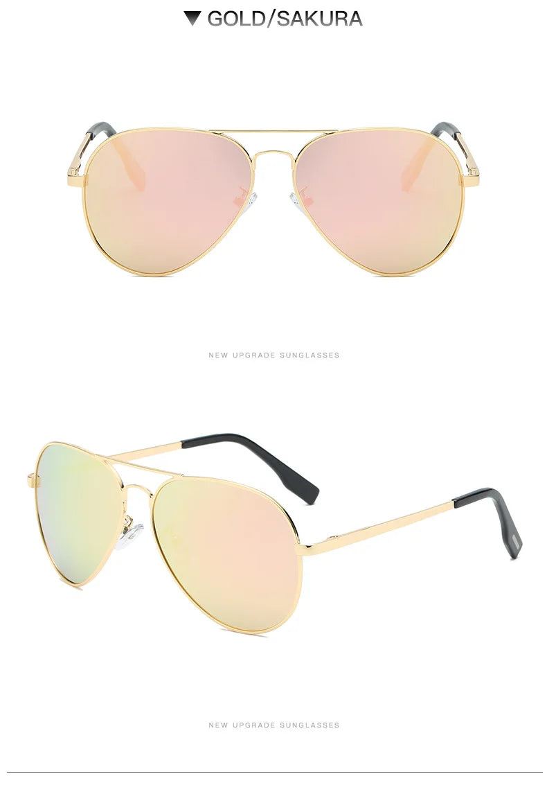 Gold frame aviator sunglasses with pink mirrored lenses and black temple tips.