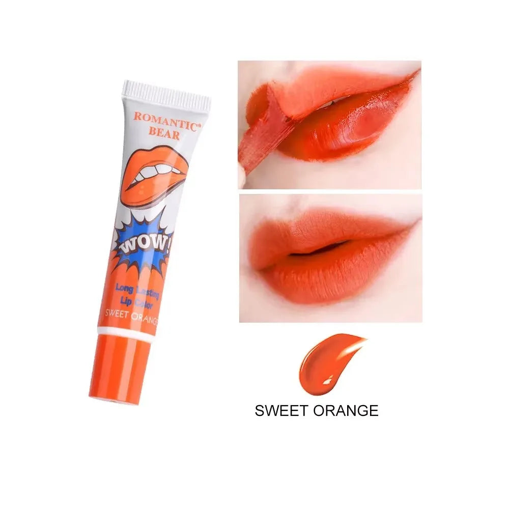 Sweet orange long lasting lip color tube with vibrant orange lip tint applied on lips