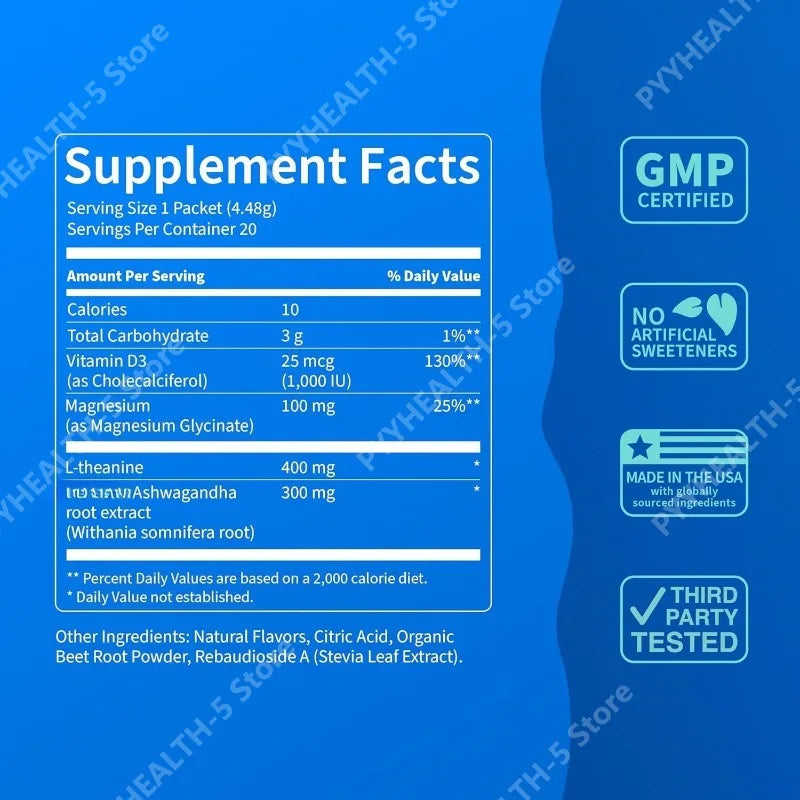 Powdered Drink Mix, Cortisol Reducer and Sleep Aid Supplement L Theanine Magnesium Glycinate, Vitamin D 3 No Sugar Non GMO 20 Ct