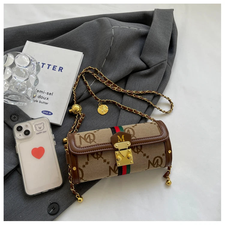 Fashionable Retro Summer Women's Chain Crossbody Bag Trendy Cylinder Bag Soft PU Leather Casual Style Small Size Korean Style