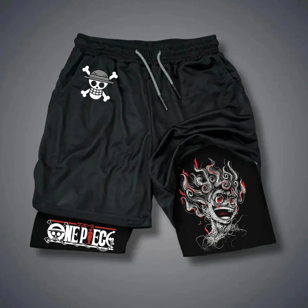 ONE PIECE Classic Anime Luffy Peripheral Printed Double-layer Shorts 2025 American Summer Men's Loose Sports Breathable Pants