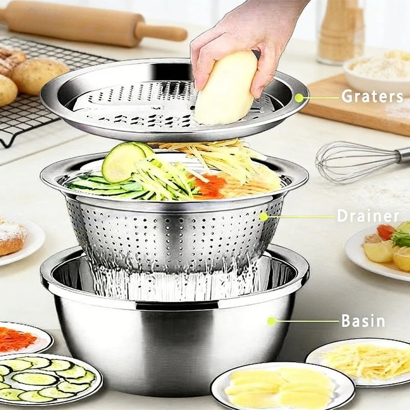 3PCS/1Set Vegetable Slicer, Stainless Steel Slicer, Potato Slicer, Vegetable Washing Basin, Drain Basket, Multifunctional