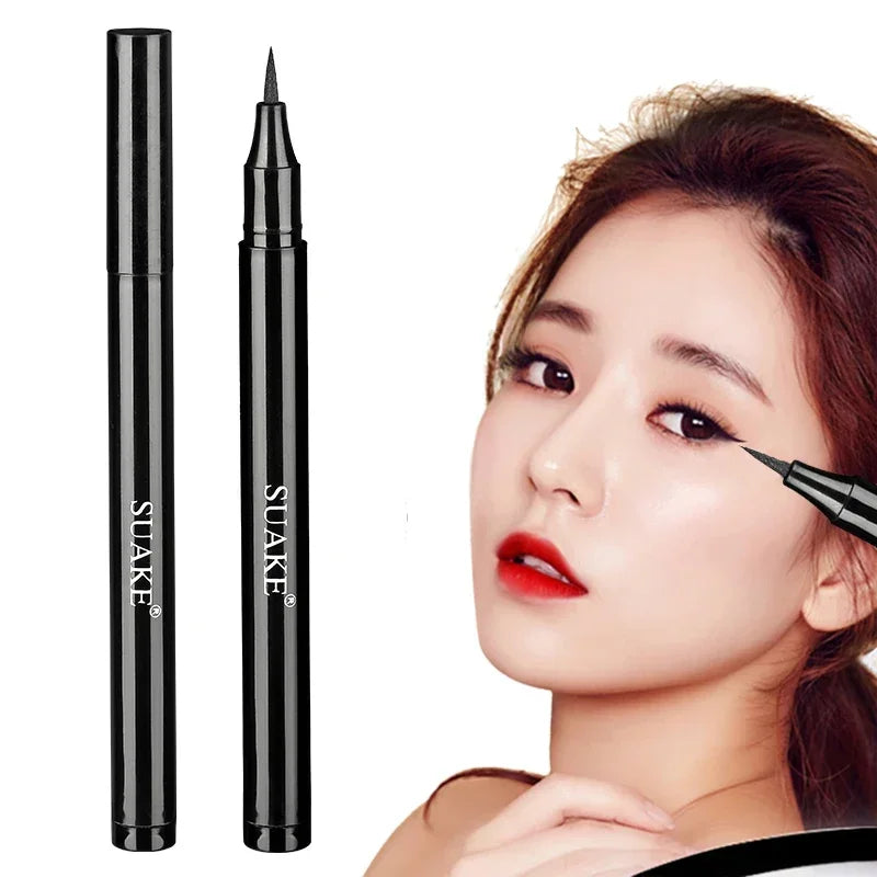 Waterproof black liquid eyeliner pen with model showing sharp winged eye makeup
