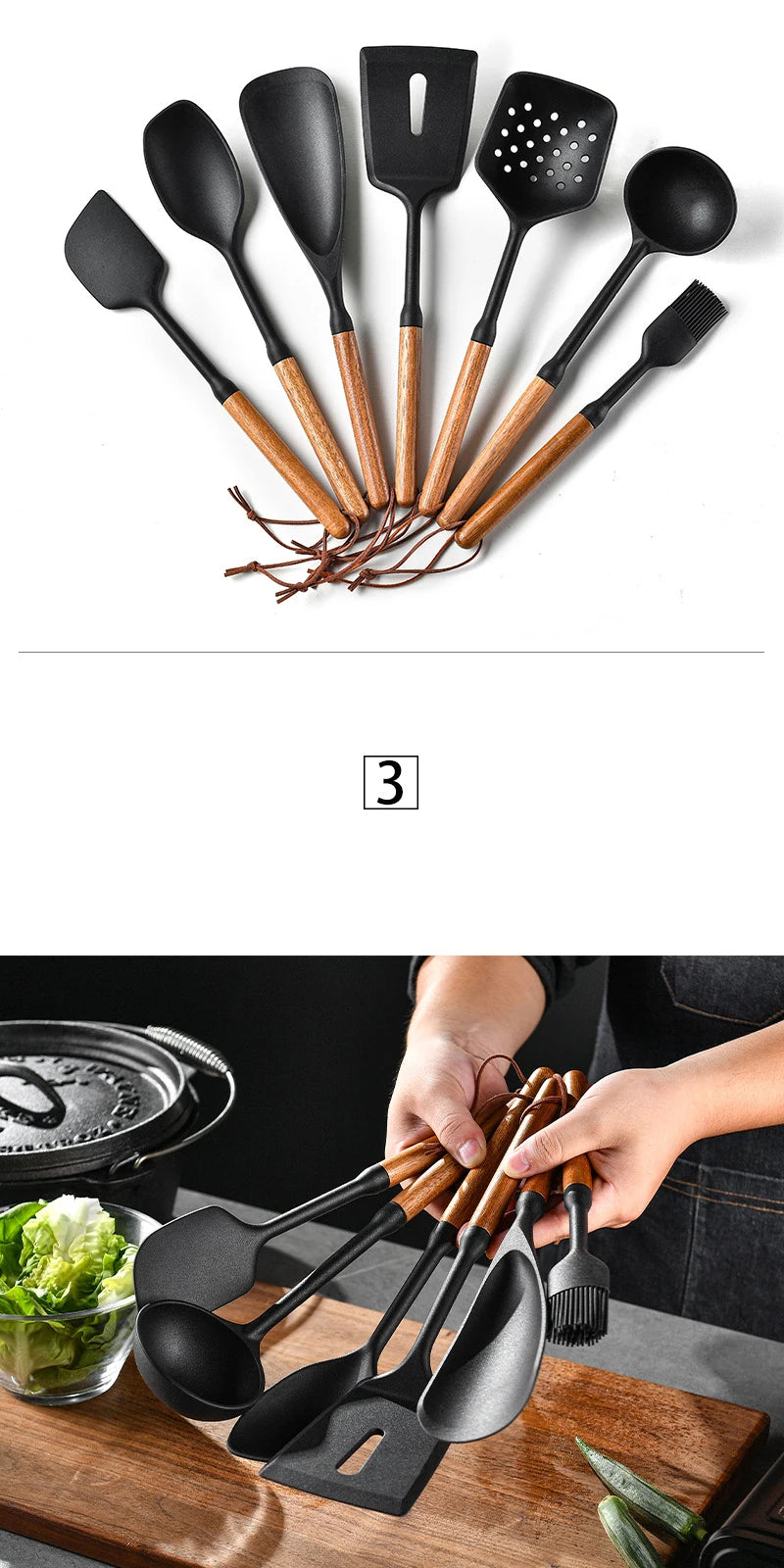 1/7Pcs Black Food Grade Silicone Kitchen Cookware Utensils Spatula Spoon Oil Brush Practical Cooking Tool Kitchenware Set