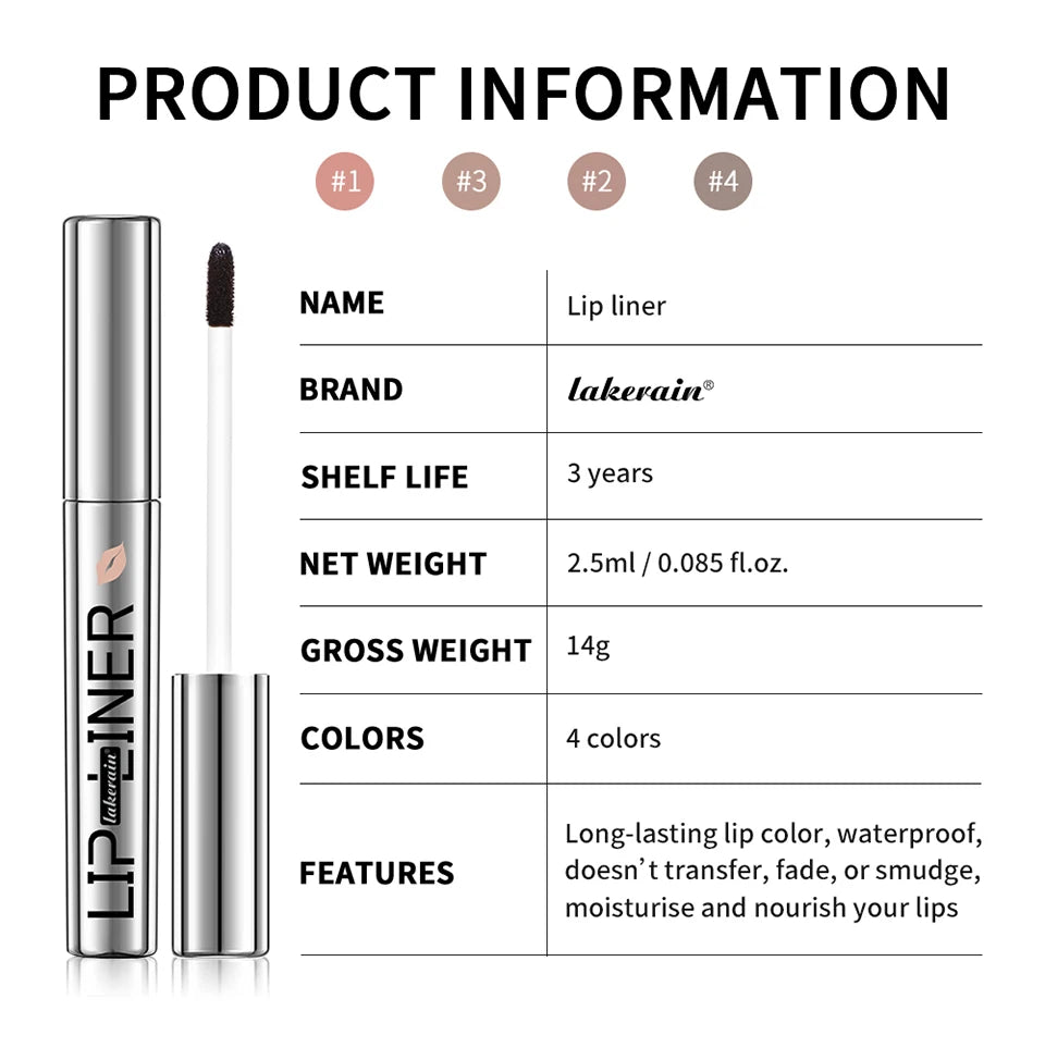 Lakerrain lip liner product info chart with silver tube applicator, 4 color options, long-lasting and waterproof features.