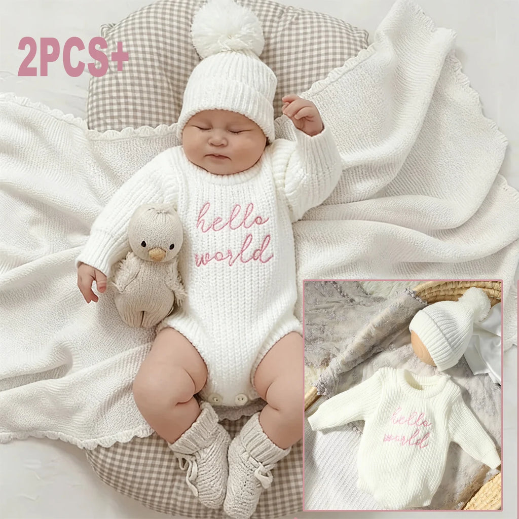 Hello World Knitting Newborn Photography Romper with Matching Pomp Hat Baby Boy Girl Sweater Outfits for Photo Shooting
