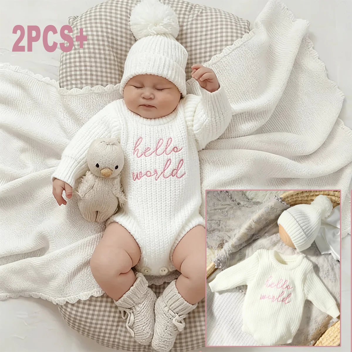 Hello World Knitting Newborn Photography Romper with Matching Pomp Hat Baby Boy Girl Sweater Outfits for Photo Shooting