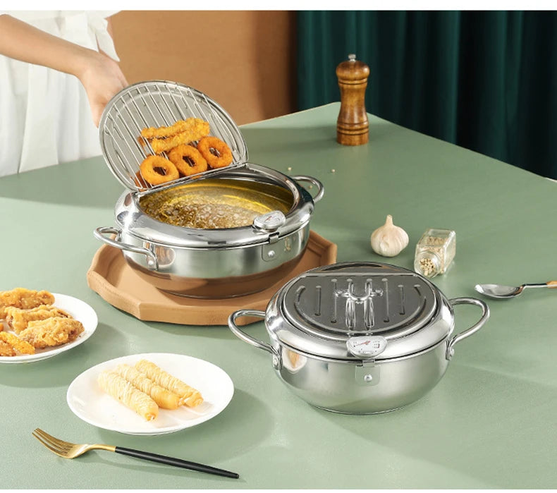 Japanese Deep Frying Pot With A Thermometer And A Lid Fryer Pan 304 Stainless Steel Kitchen Tempura Oil Frying Pan Fryer