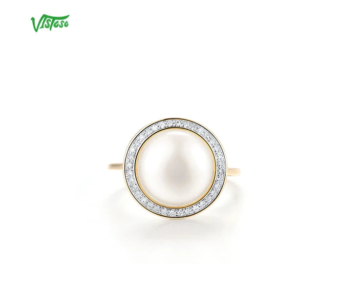 VISTOSO Authentic 14K 585 Yellow Gold Rings For Women Sparkling Diamond Fresh Water Pearl Round Wedding Set Trendy Fine Jewelry