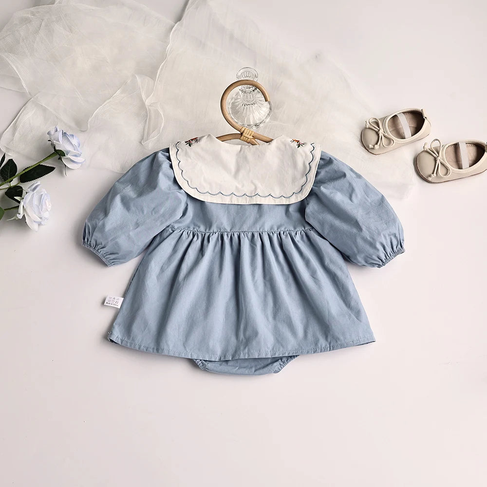 Spring Baby Clothing Solid Pleated Baby Bodysuit Toddler Girls Embroidered Flower Big Collar One Piece