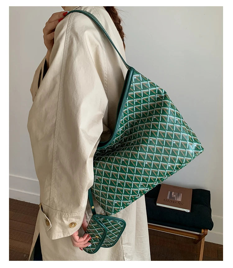 Large Capacity Women's Shoulder Bag Fashionable Commuter Tote Bag Soft PU Leather Printed Geometric Pattern Autumn New Arrival