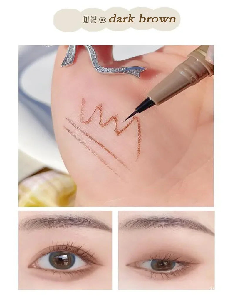 Dark brown eyebrow pen with fine tip, swatches on hand, before and after eyebrow application
