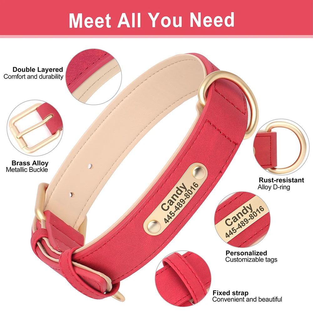 Customized Dog Collar PU Leather Dogs Collars Personalized Pet ID Name Necklace Free Engraving for Small Medium Large Dogs Pug