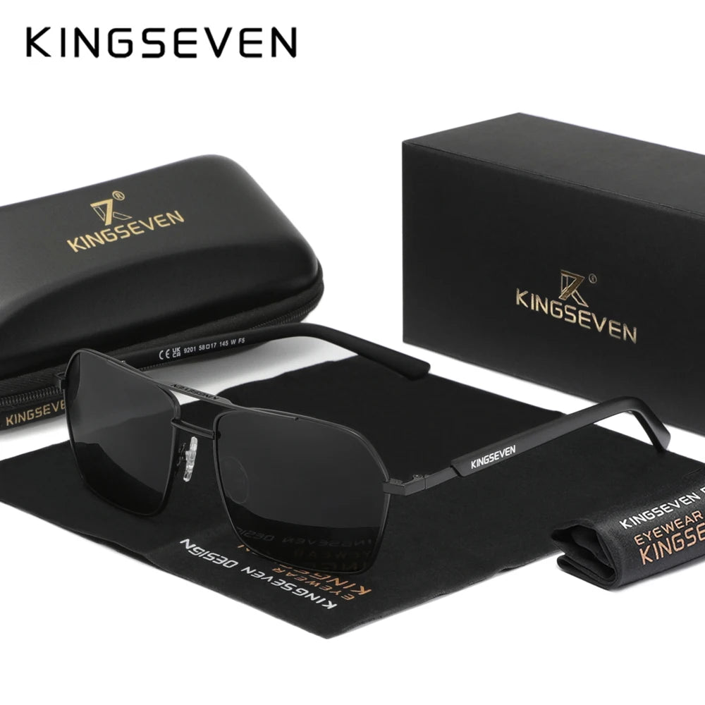 Black rectangular KINGSEVEN sunglasses with case, box, and cleaning cloth, laid on a white surface.